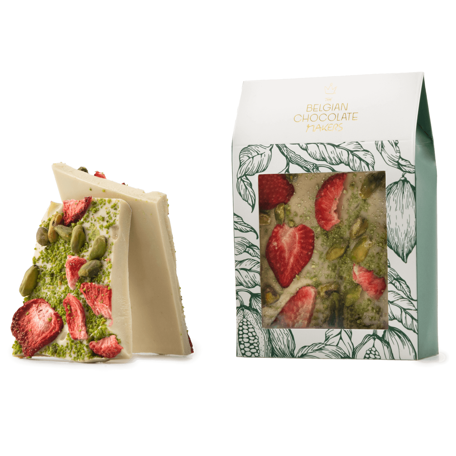 White chocolate broken bars with strawberries and pistachios