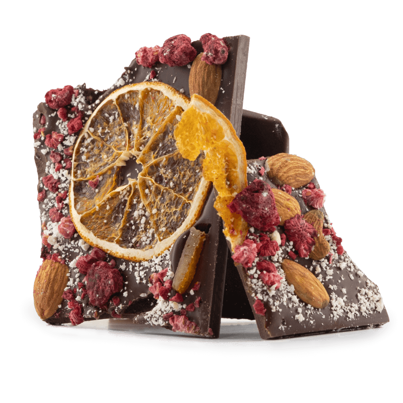 Dark chocolate broken bars with raspberry, almond and orange