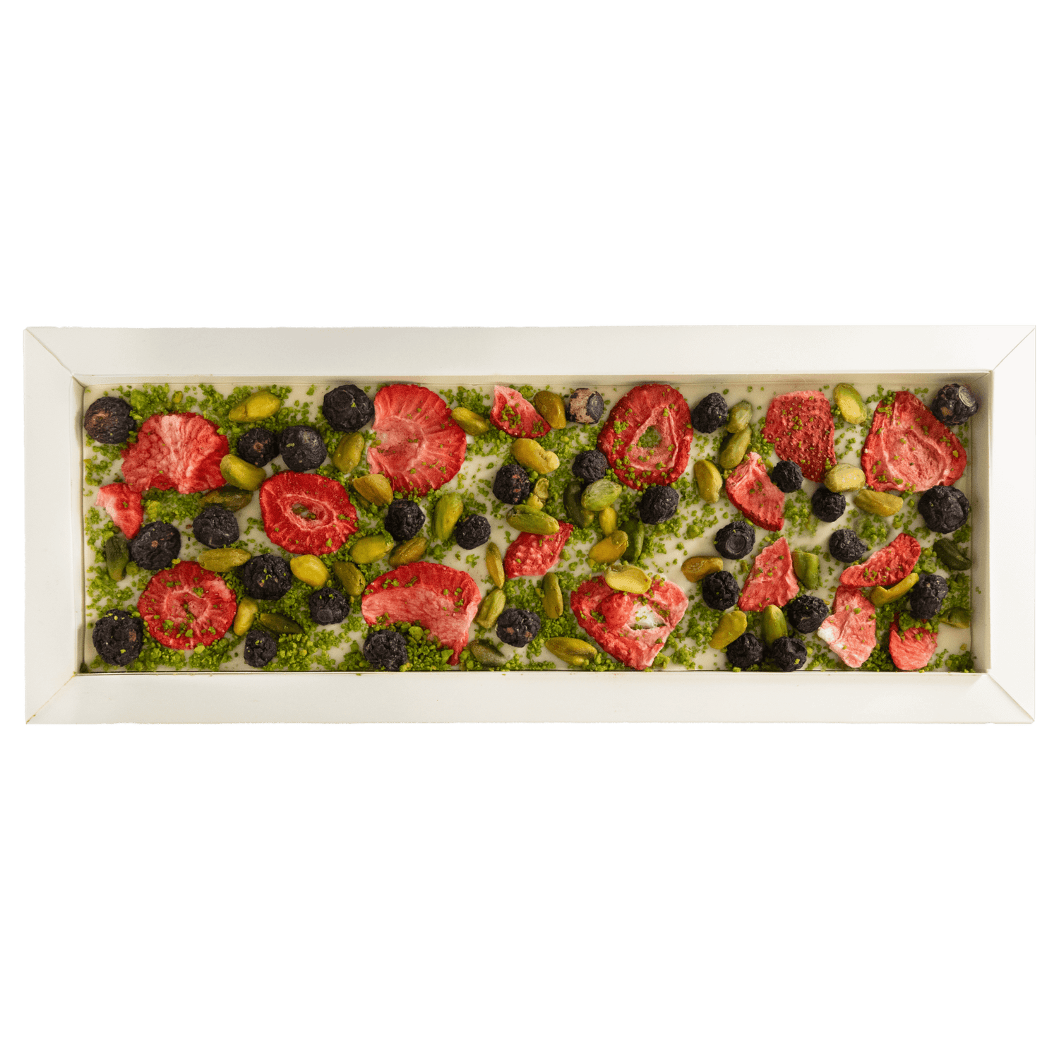 Fantasy white chocolate bar 550 grs with strawberry, pistachio and blueberry chunks