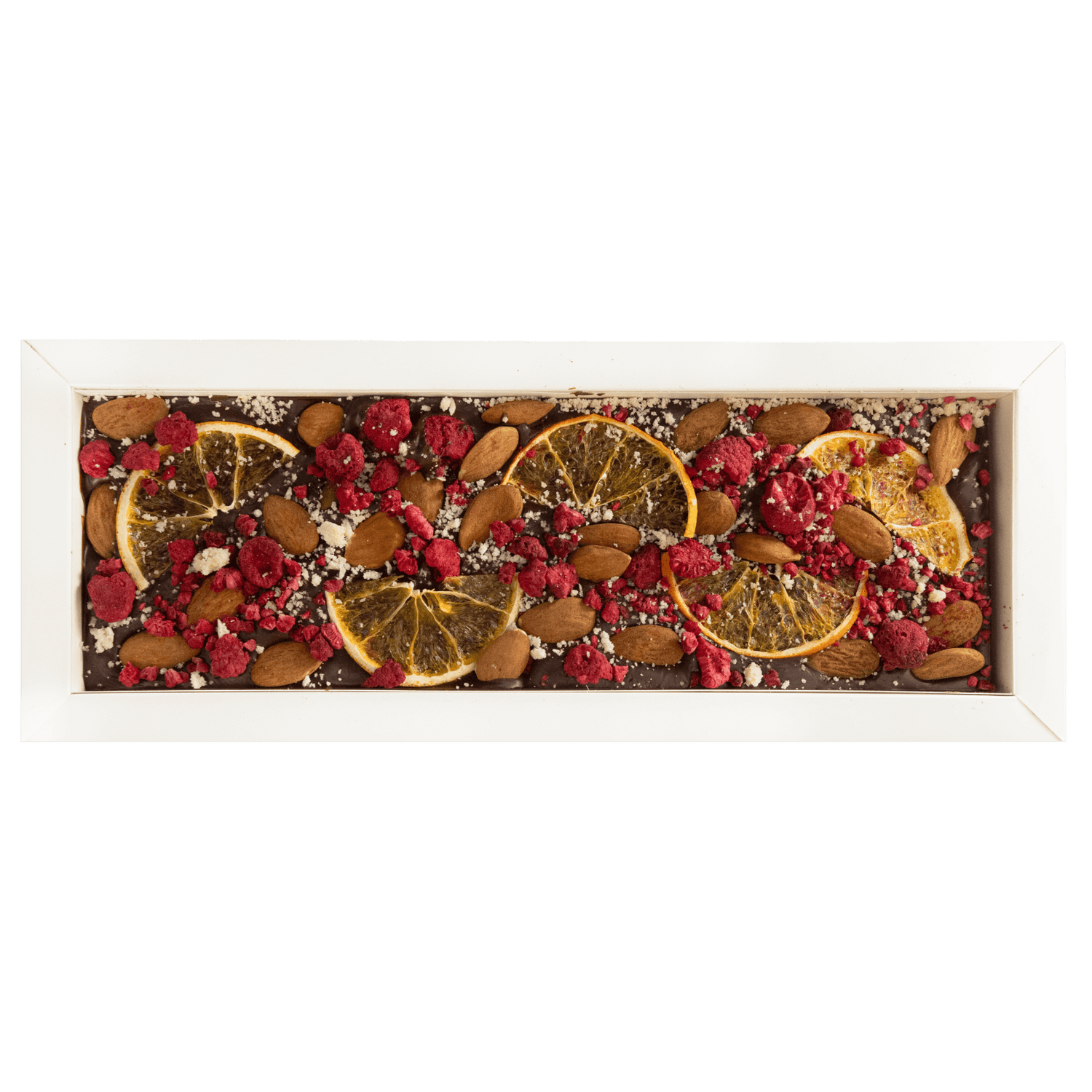 Fantasy dark chocolate bar 375 grs with raspberry, orange and almond chunks