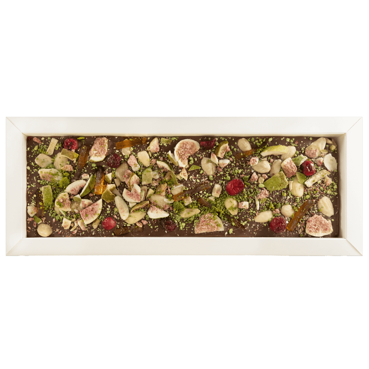 Fantasy milk chocolate bar 375 grs with fig, cranberry, almond, lemon and pistachio chunks
