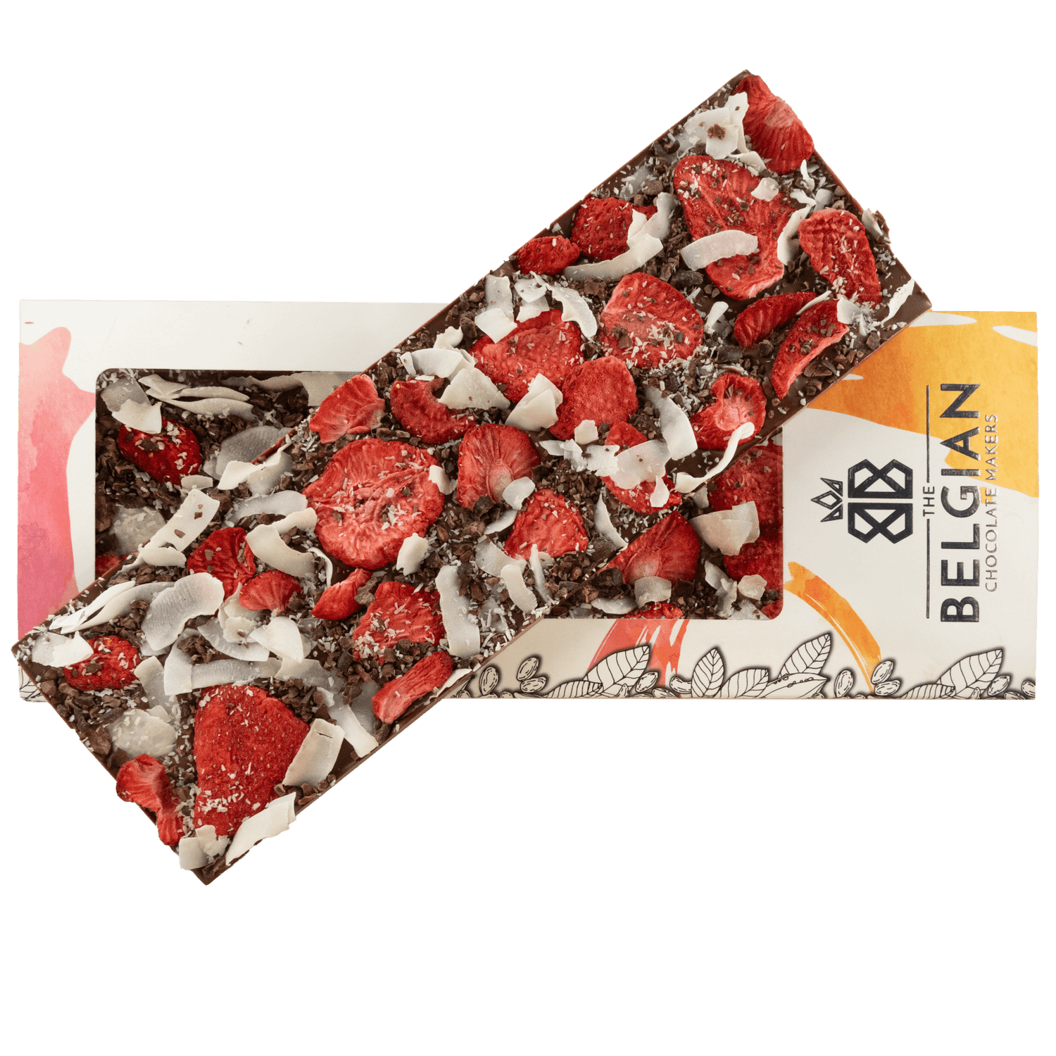 Fantasy milk chocolate bar 550 grs with cacao nibs, strawberry and coconut chunks