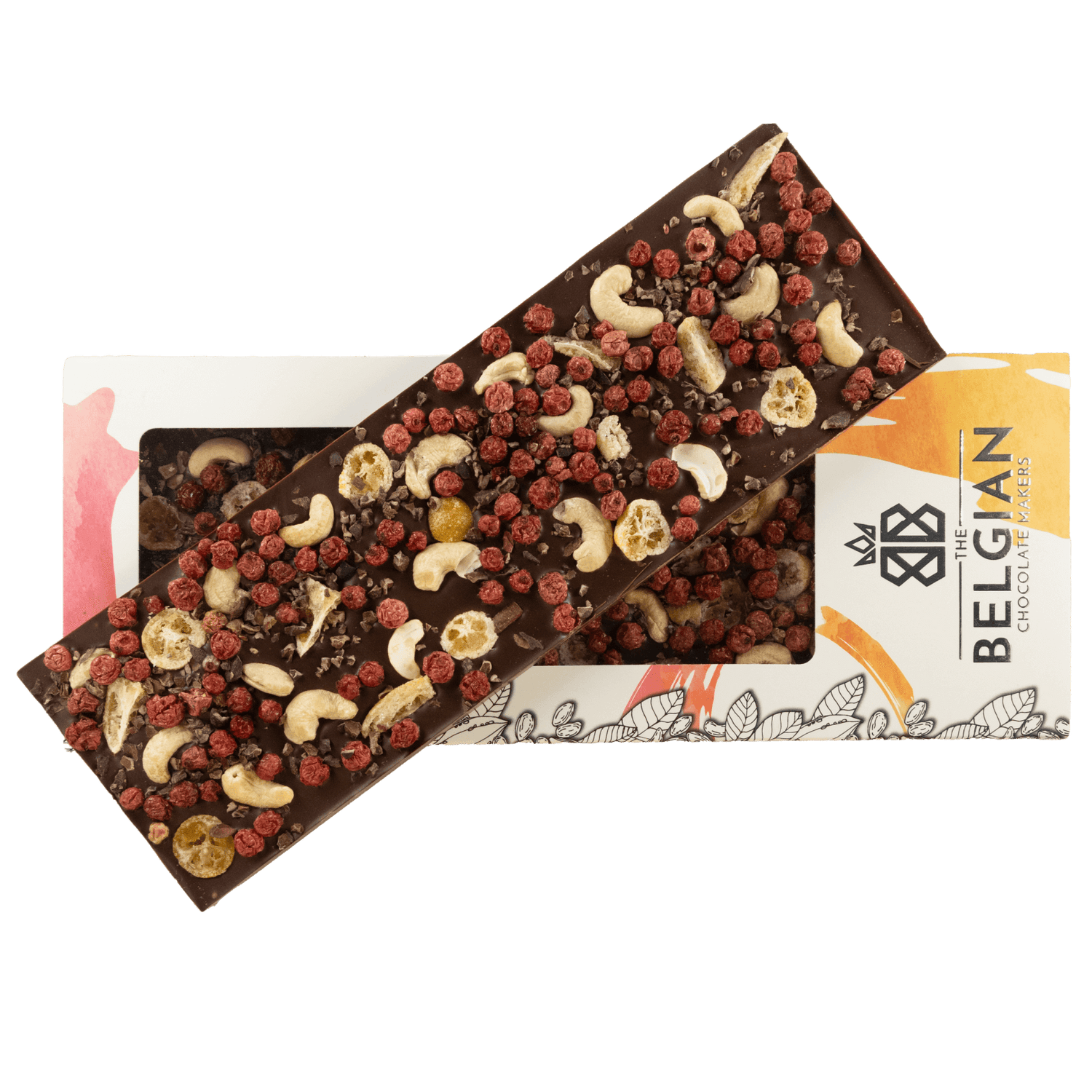 Fantasy dark chocolate bar 550 grs with cacao nibs, cashew nut, kumquat and redcurrant chunks