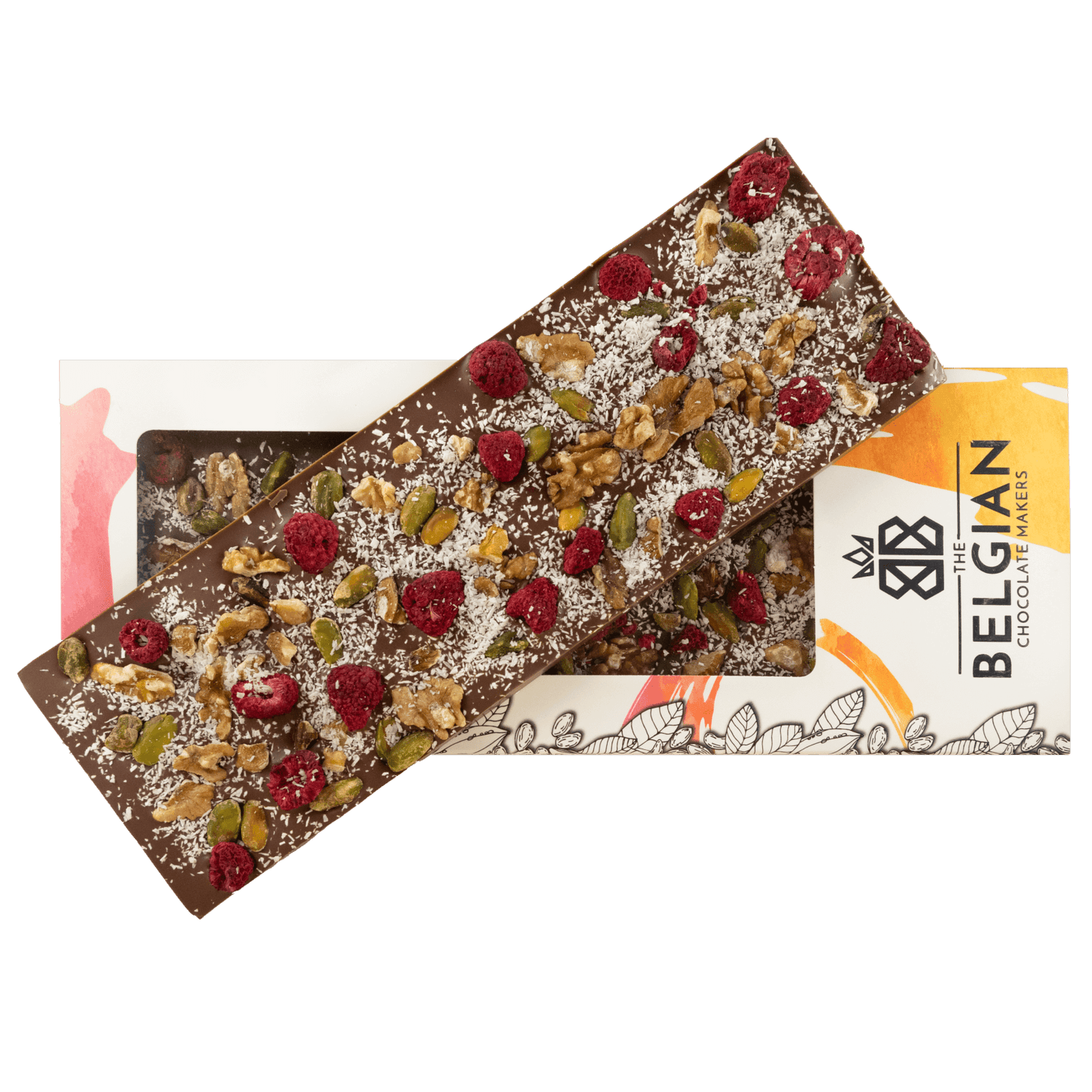 Fantasy milk chocolate bar 375 grs with walnut, pistachio, raspberry and coconut chunks