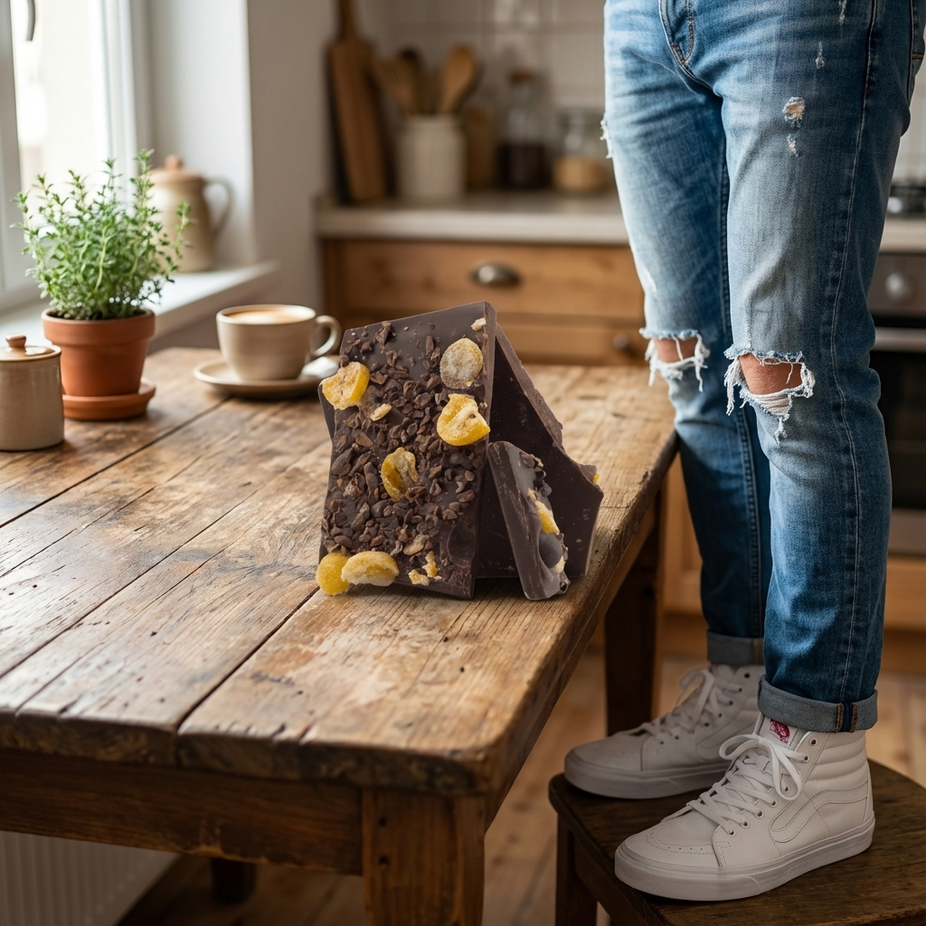 Barres brisées au chocolat noir avec du kumquat et des pépites de cacao