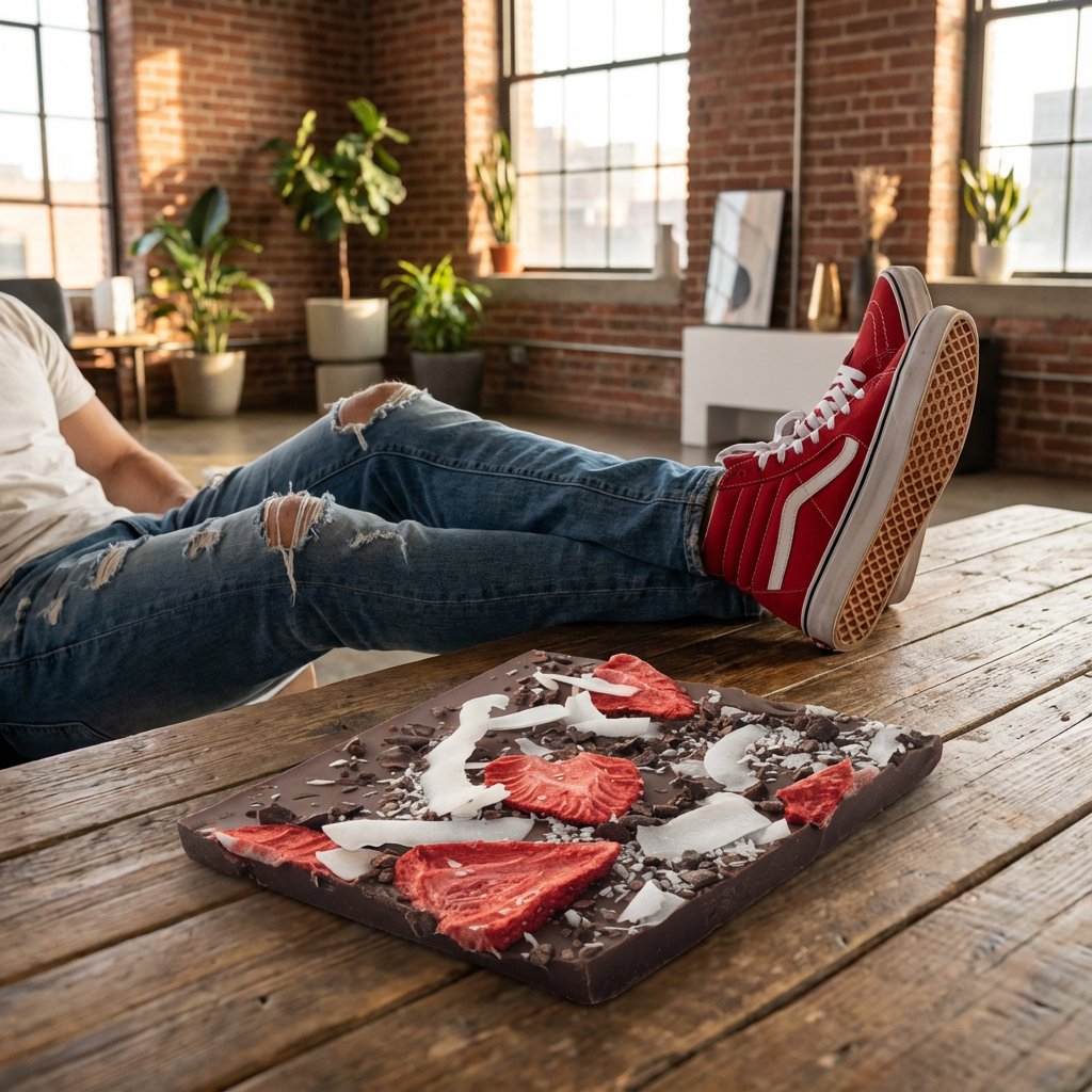 Barres brisées au chocolat au lait avec noix de coco, fraises et pépites de cacao