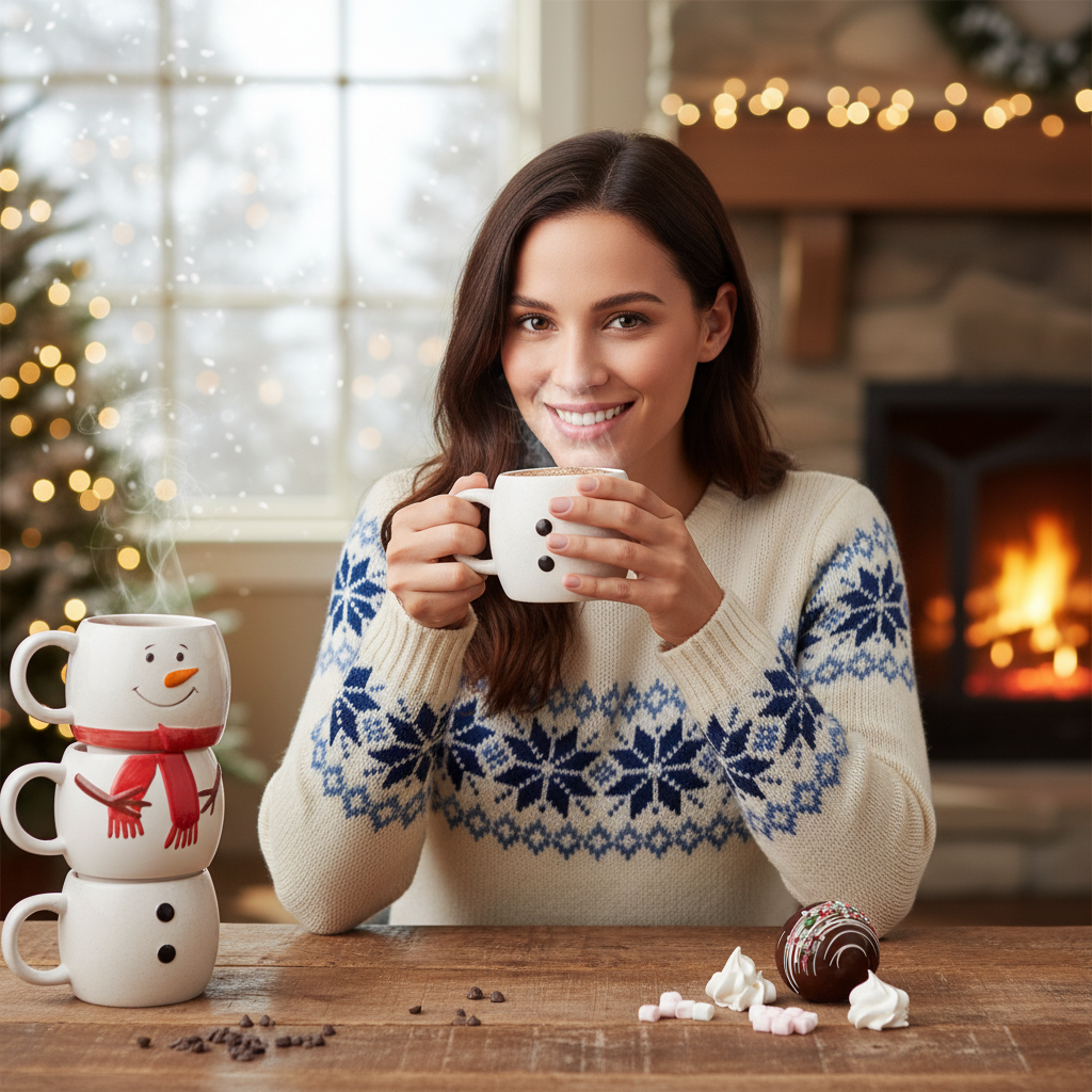 Dark chocolate drops in three snowman mugs 200g