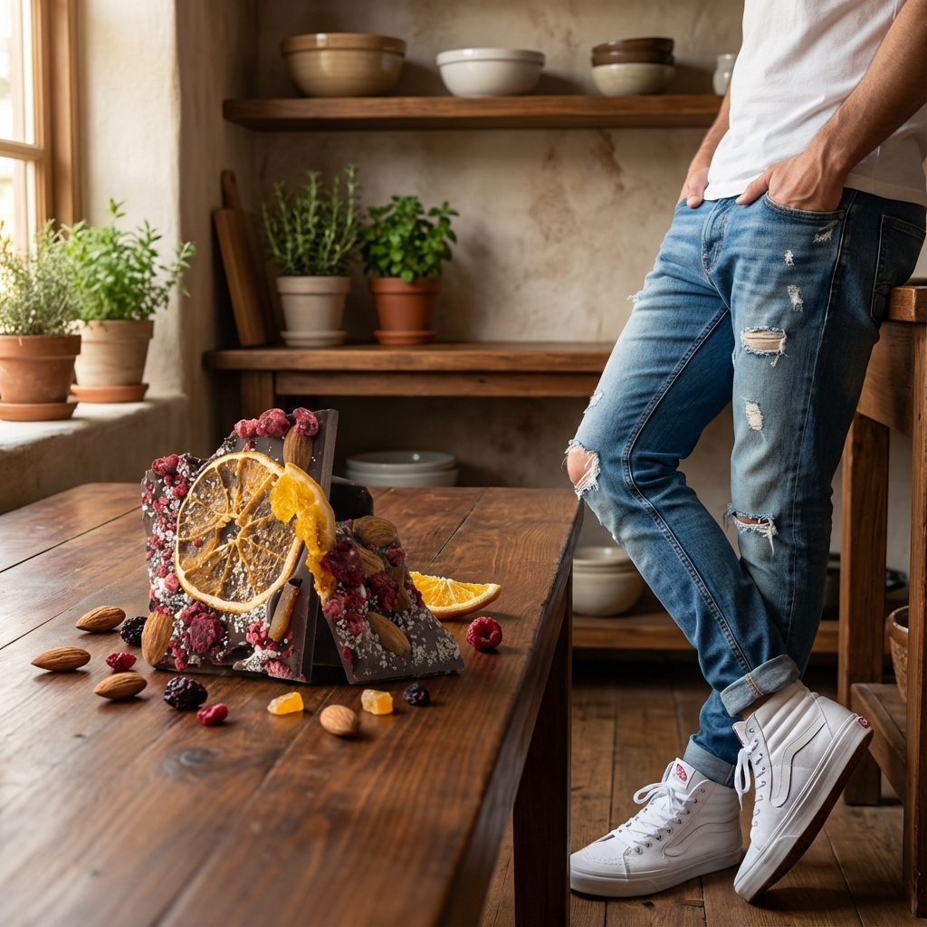 Dark chocolate broken bars with raspberry, almond and orange