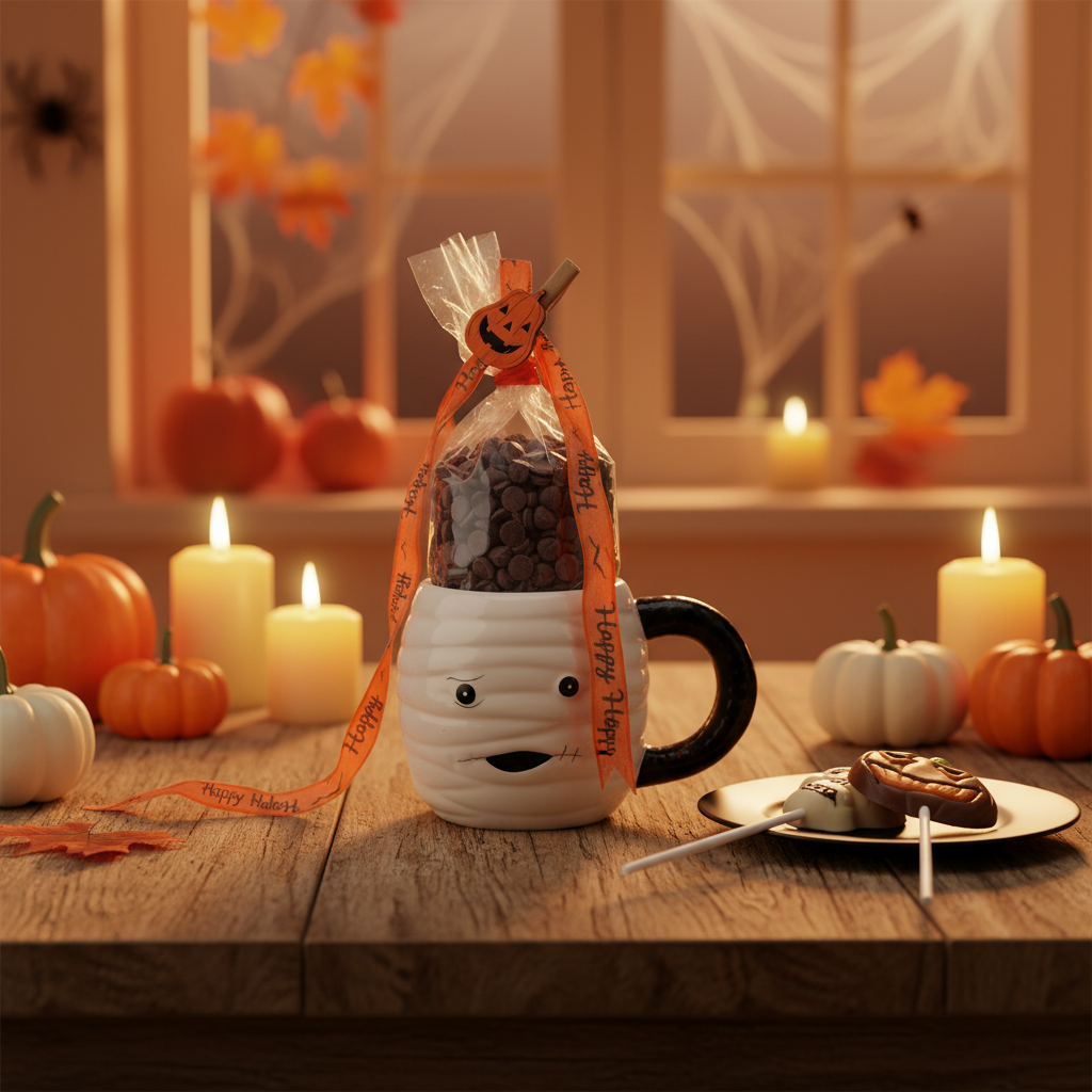 Dark chocolate drops in cup mummy with lollipops