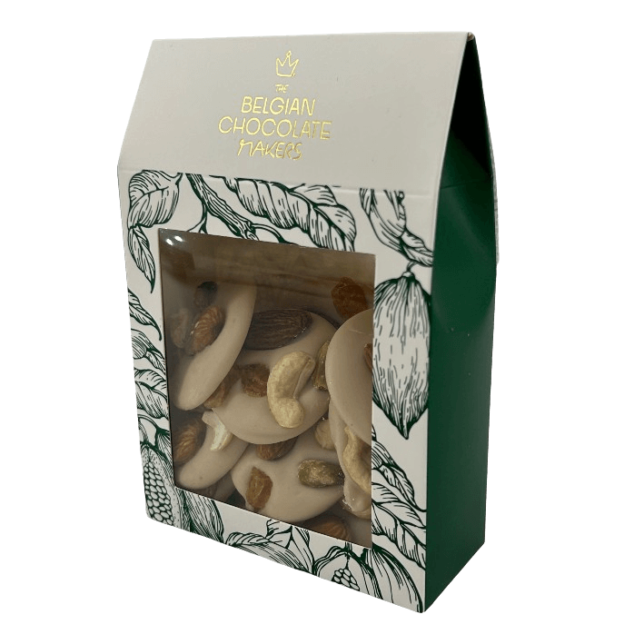 White chocolate mendiants with pistachio, almond, raisin and cashew pieces