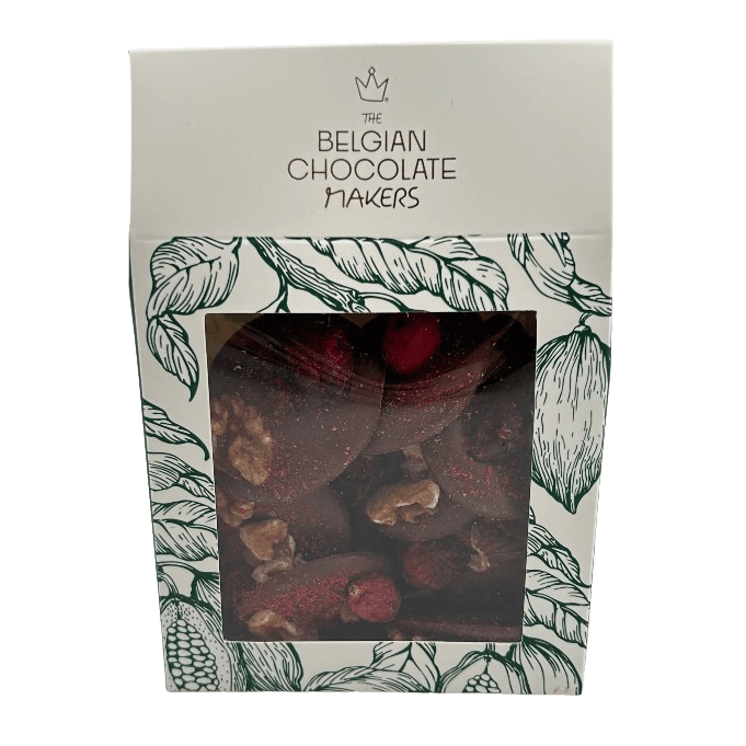 Milk chocolate mendiants with walnut, cranberry, blackcurrant and raspberry pieces