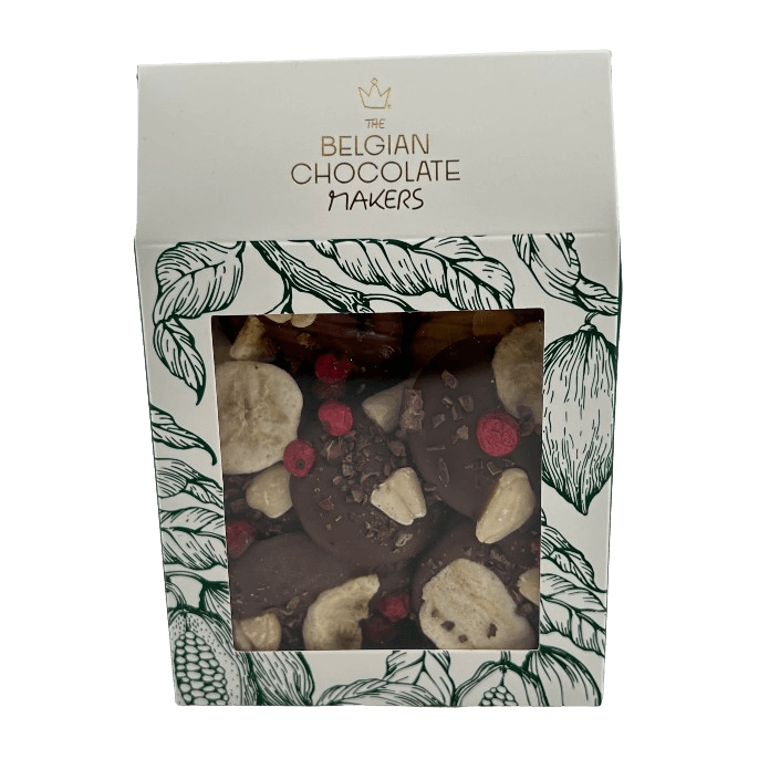 Milk chocolate mendiants with banana, almond and pecan pieces