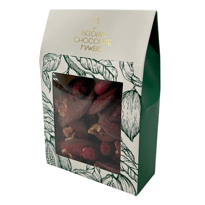 Milk chocolate mendiants with walnut, cranberry, blackcurrant and raspberry pieces