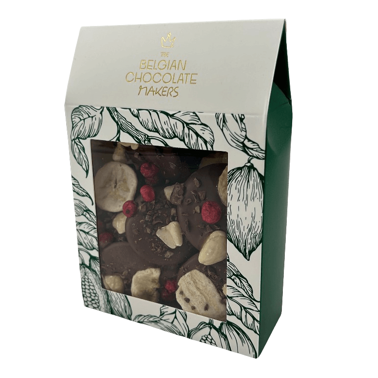 Milk chocolate mendiants with banana, almond and pecan pieces