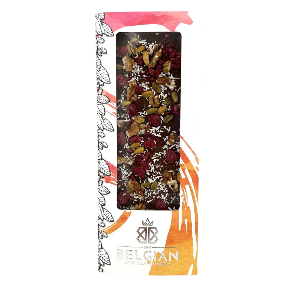 Fantasy milk chocolate bar 550 grs with walnuts, pistachios, raspberries and coconut - The Belgian Chocolate Makers