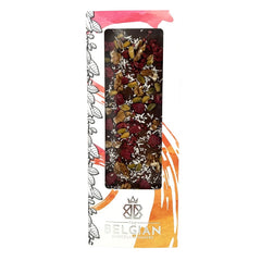 Fantasy milk chocolate bar 550 grs with walnuts, pistachios, raspberries and coconut - The Belgian Chocolate Makers