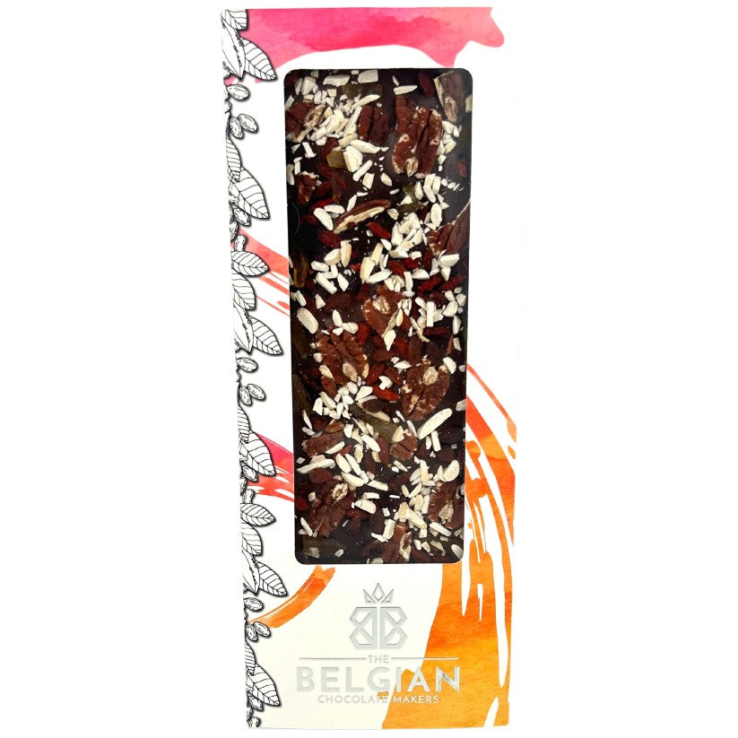 Fantasy dark chocolate bar 550 grs with pecan nuts, goji berries, lemons and almonds - The Belgian Chocolate Makers