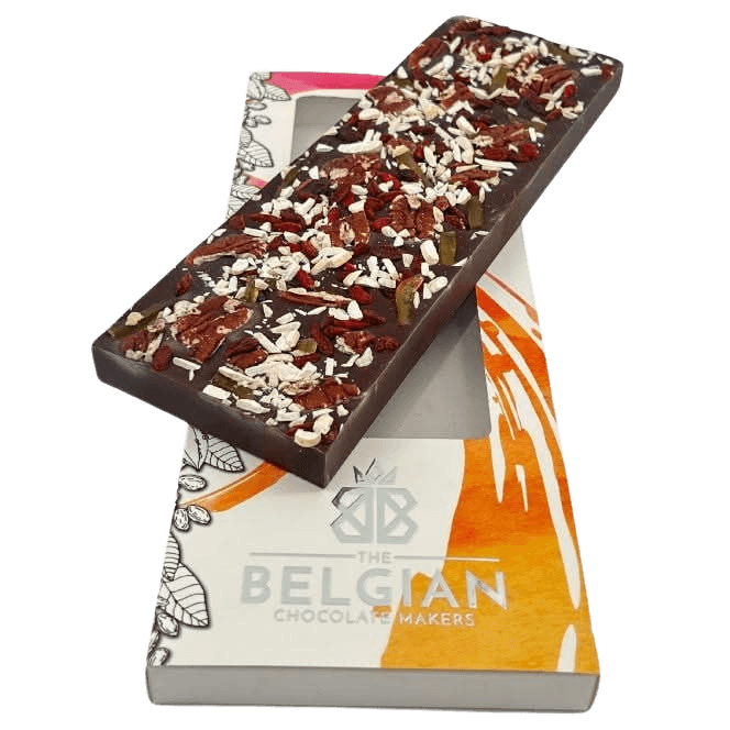 Fantasy dark chocolate bar 550 grs with pecan nuts, goji berries, lemons and almonds