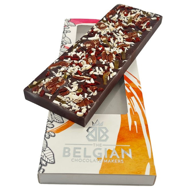 Fantasy dark chocolate bar 550 grs with pecan nuts, goji berries, lemons and almonds