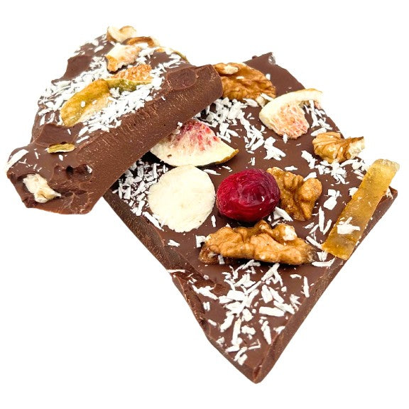 Milk chocolate broken bars with fig, lemon, cranberry, walnut, coconut