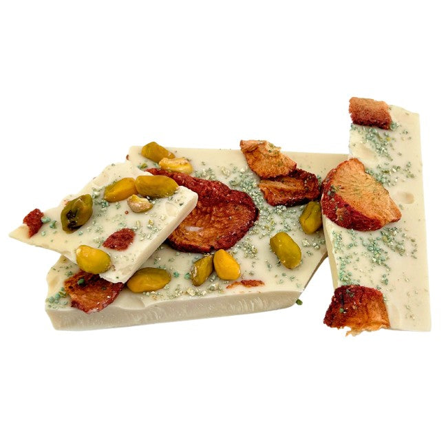 White chocolate broken bars white strawberry, pistachio