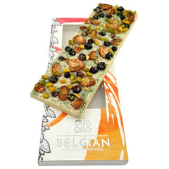 Fantasy white chocolate bar 550 grs with strawberries, pistachios and blueberries& - The Belgian Chocolate Makers