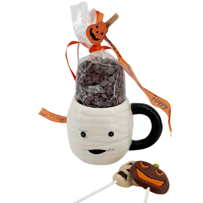 Milk chocolate drops in cup mummy with lollipops