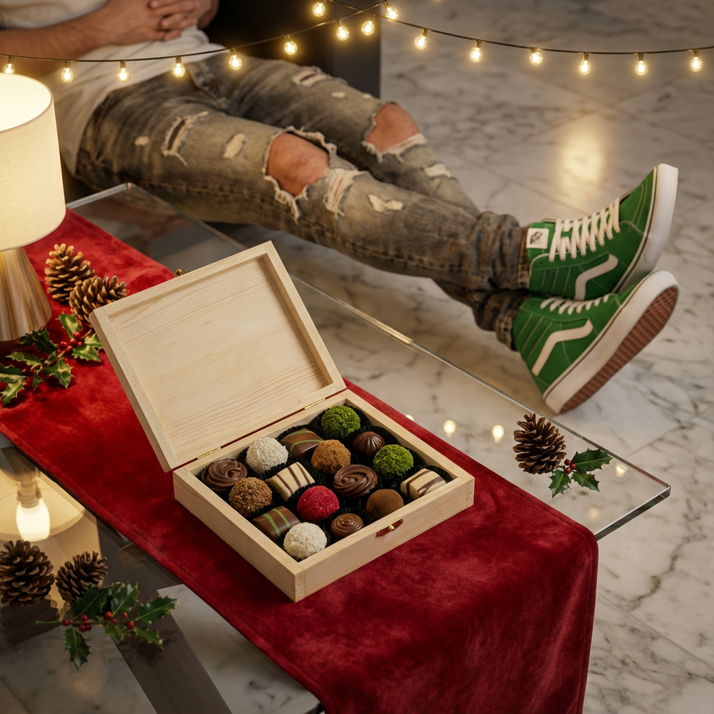 Wooden gift box with 16 pralines and truffles