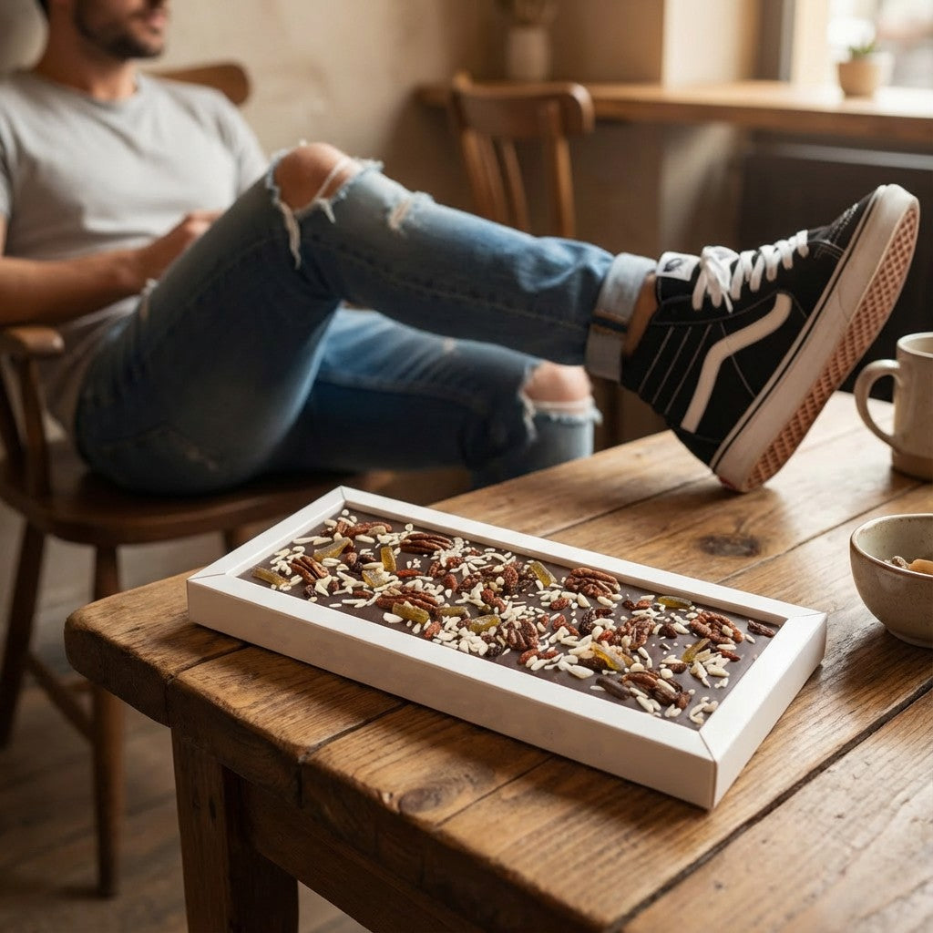 Fantasy dark chocolate bar 550 grs with pecan nut, goji berry, lemon and almond chunks