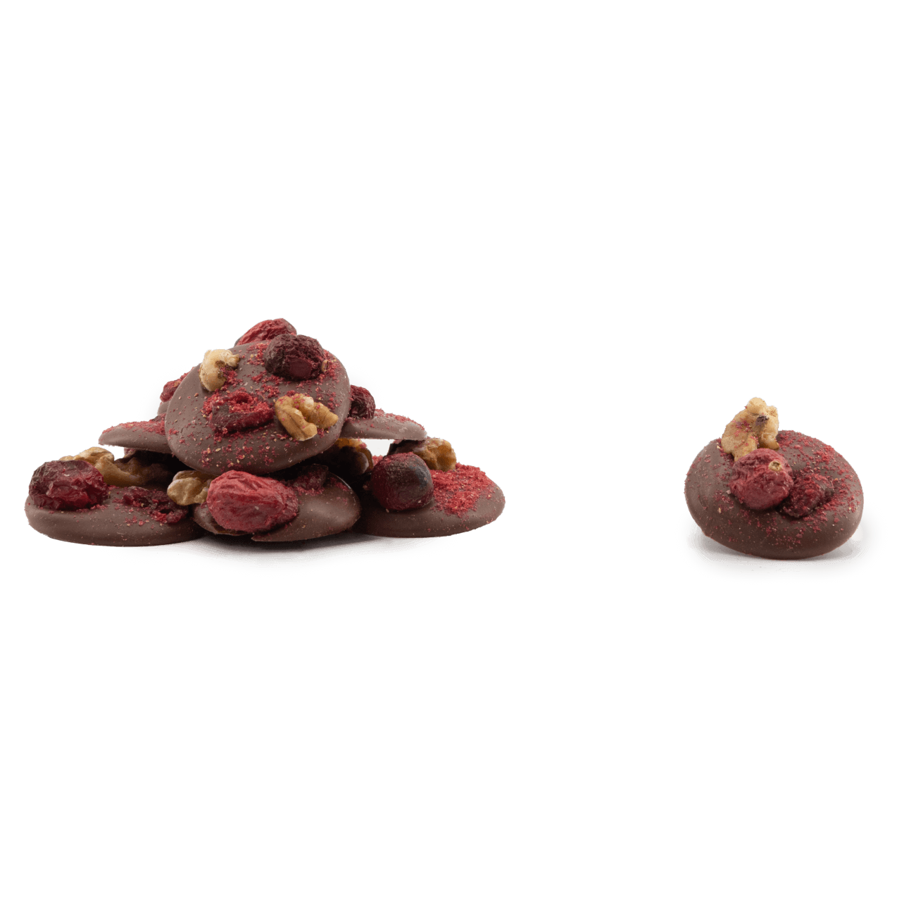 Milk chocolate mendiants with walnut, cranberry, blackcurrant and raspberry chunks