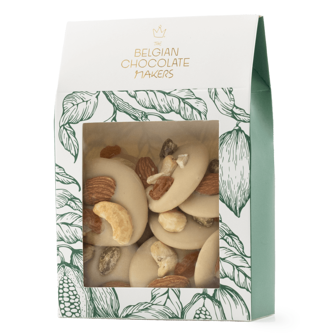 White chocolate mendiants with pistachio, almond, raisin and cashew chunks