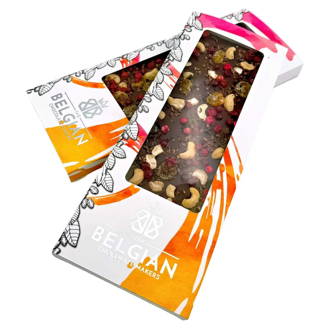 Fantasy dark chocolate bar 550 grs with cashew nuts, kumquats, redcurrants and cacao nibs_