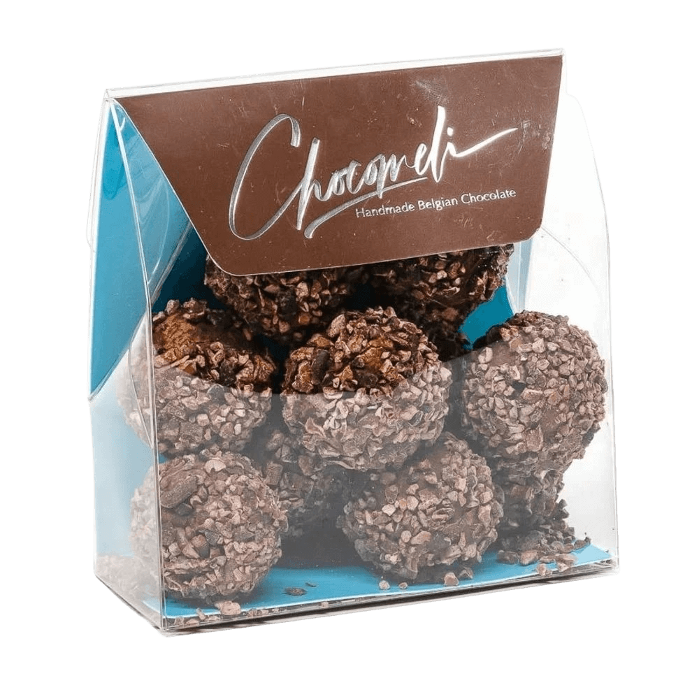 Pouch of Belgian truffles with cacao nibs coating