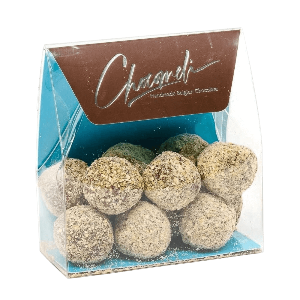 Pouch of Belgian truffles with pistachio coating