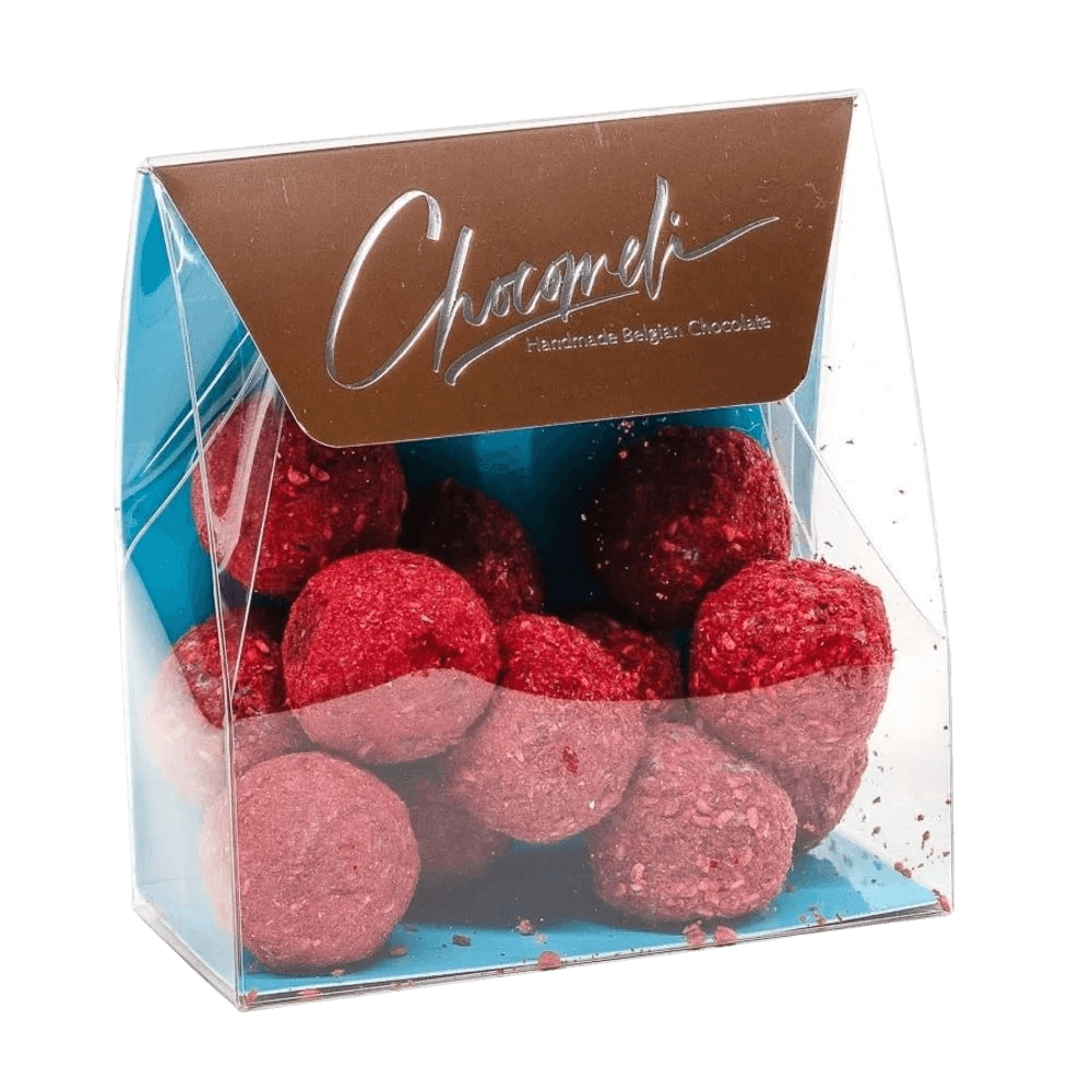 Pouch of Belgian truffles with raspberry coating