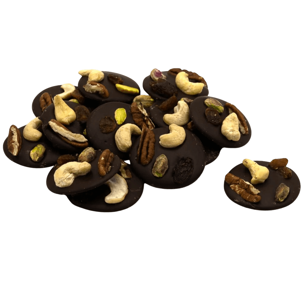 Dark chocolate mendiants with cashew, pistachio, raisin and pecan pieces