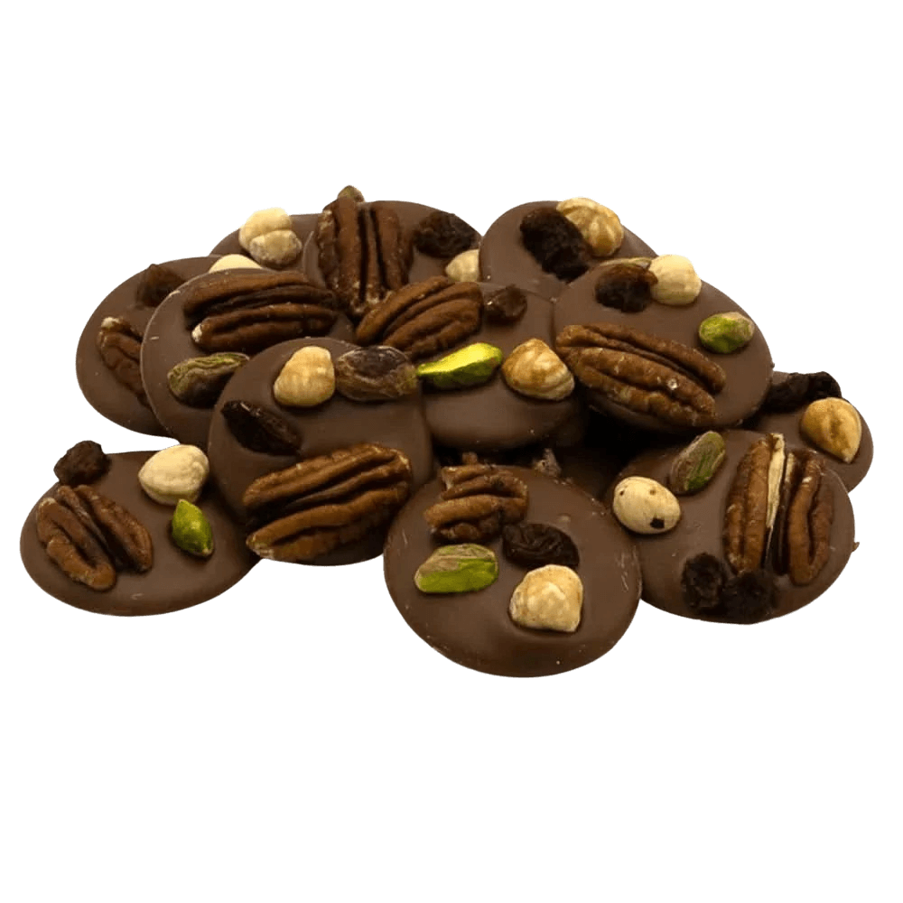 Milk chocolate mendiants with pecan, pistachio, raisin and hazelnut pieces