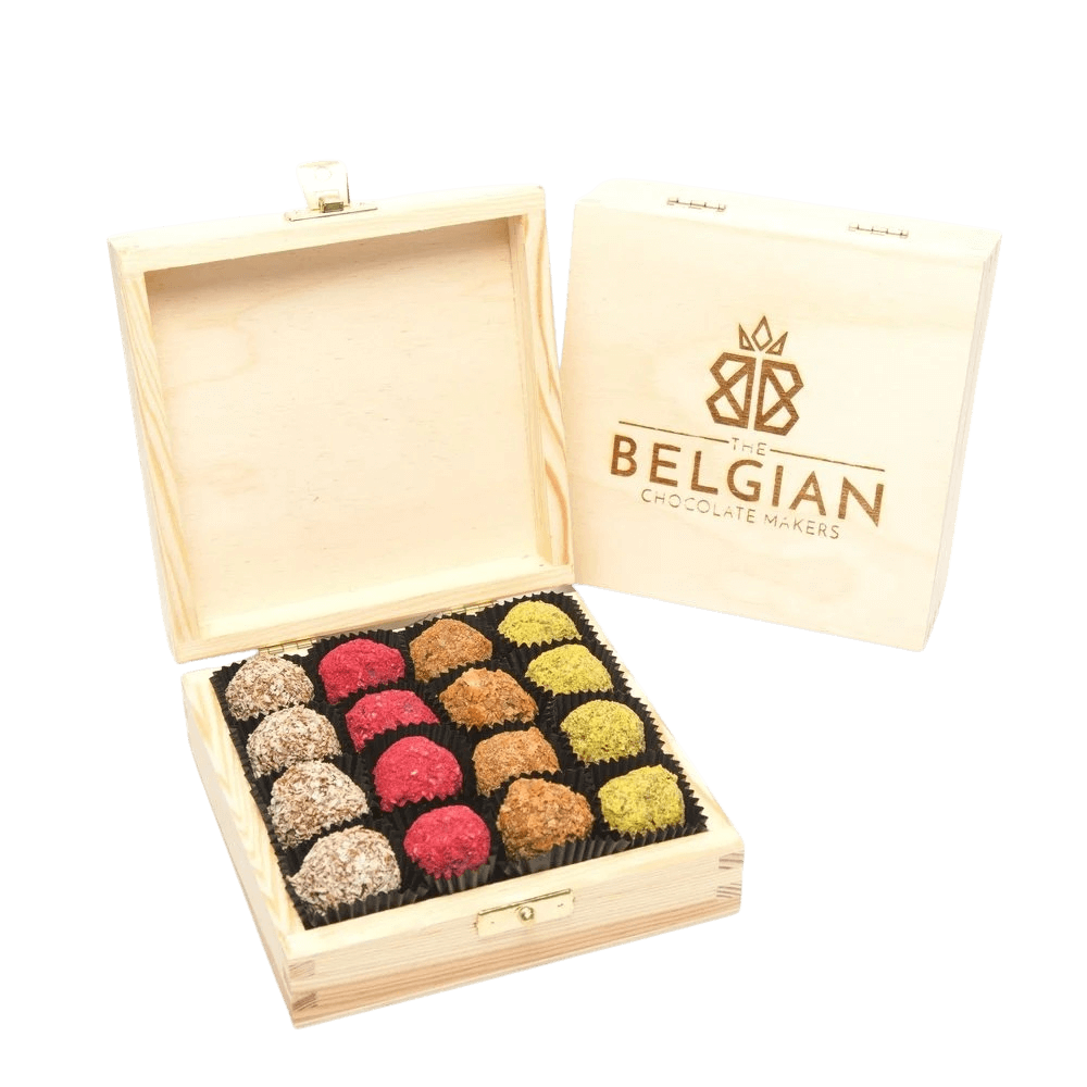 Wooden gift box with 16 truffles